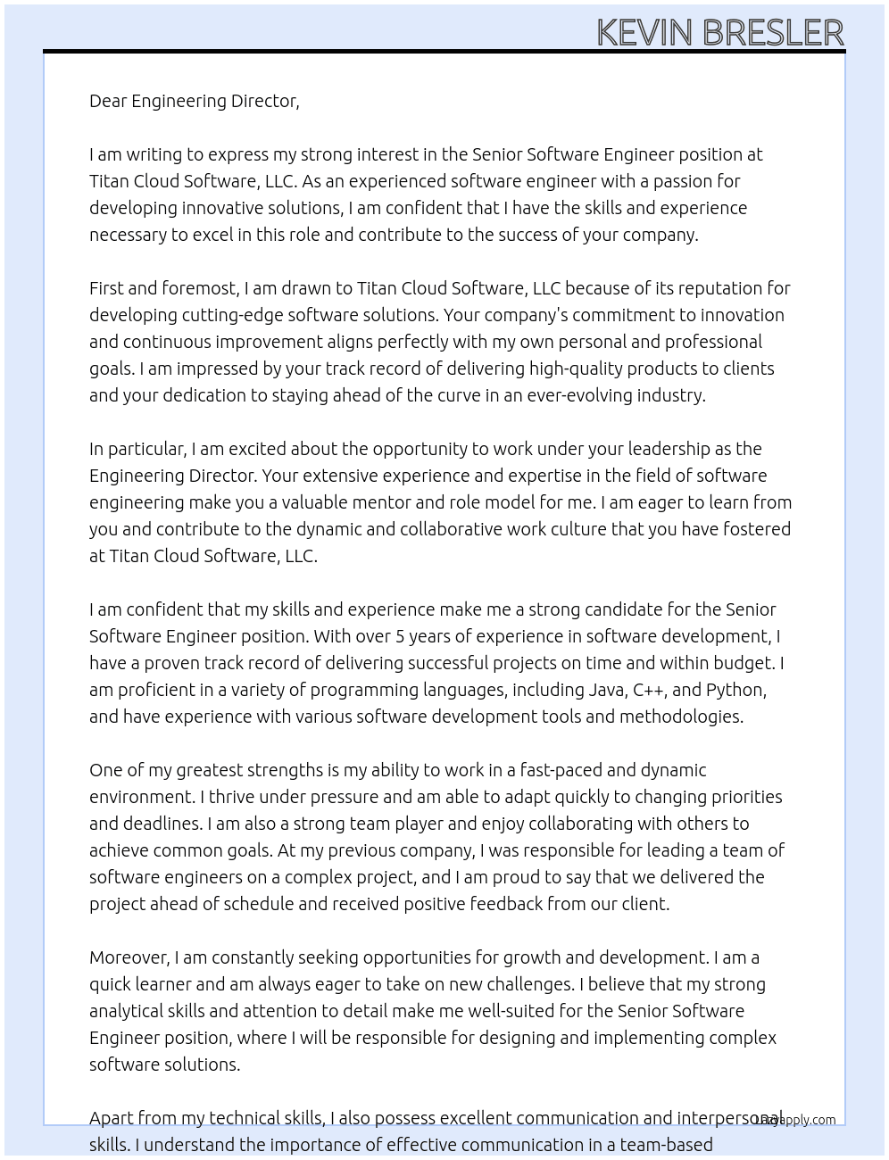 Senior Software Engineer At Titan Cloud Software, LLC Cover Letter