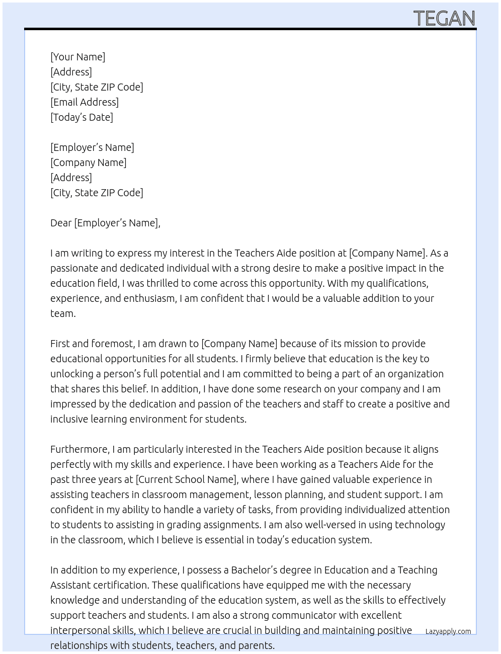 Cover letter for teahchers aide - LazyApply