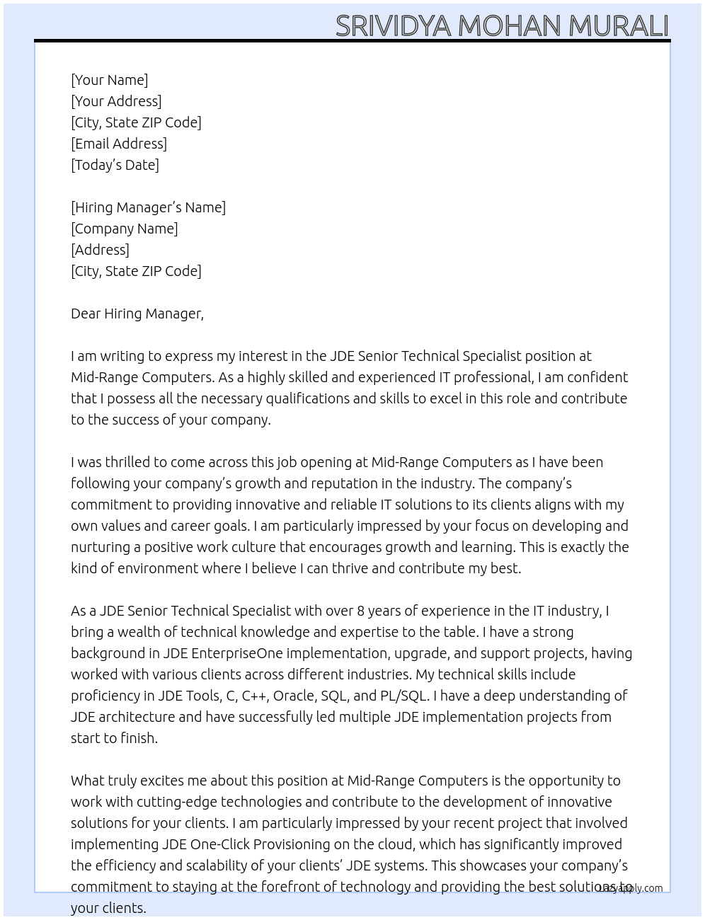 JDE Senior Technical Specialist  At Mid-Range Computers Cover Letter