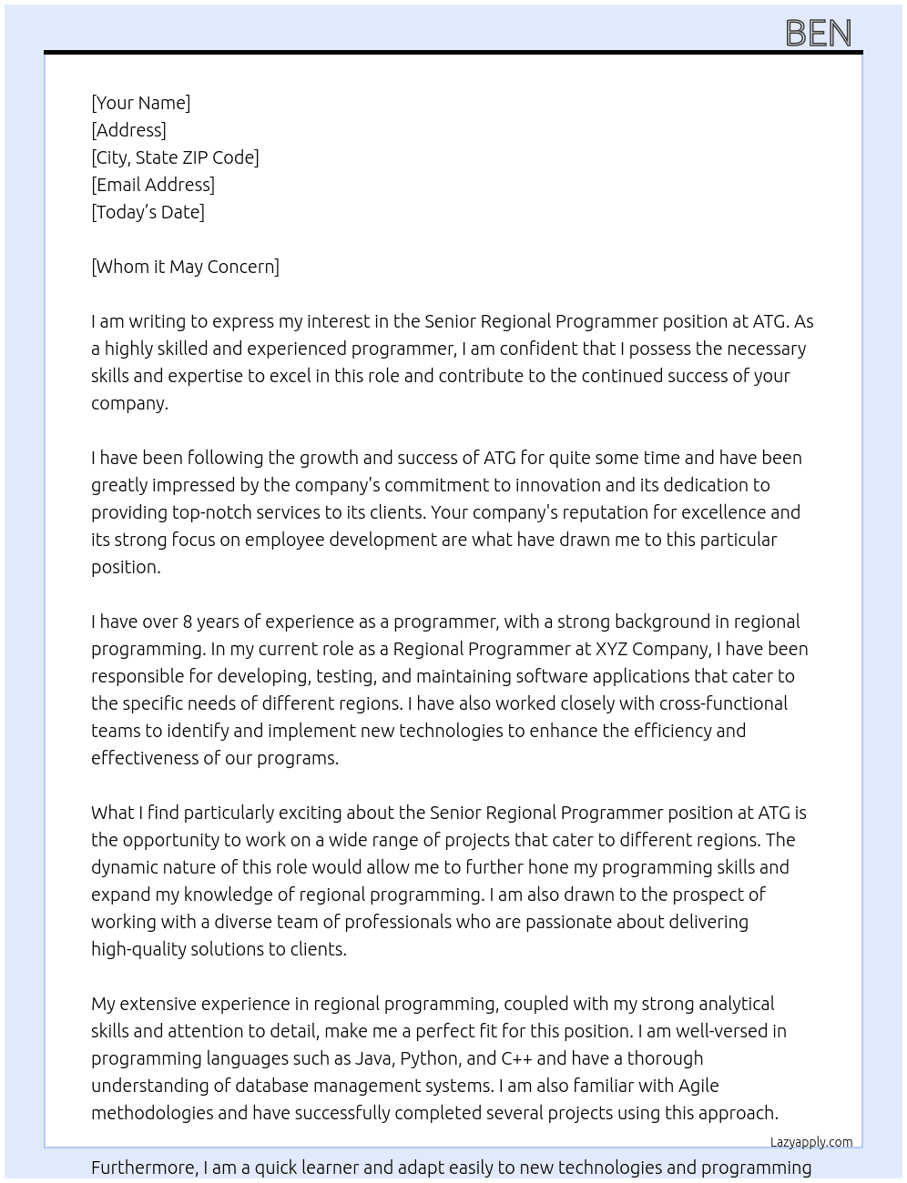 Senior Regional Programmer At ATG Cover Letter