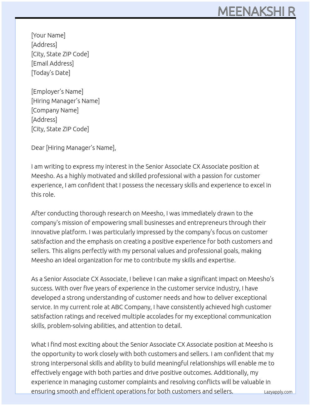 Cover letter for senior associate cx associate - LazyApply