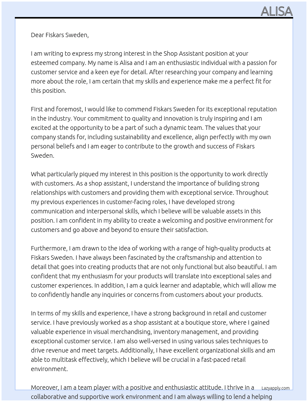 Shop assistant At Fiskars Sweden Cover Letter