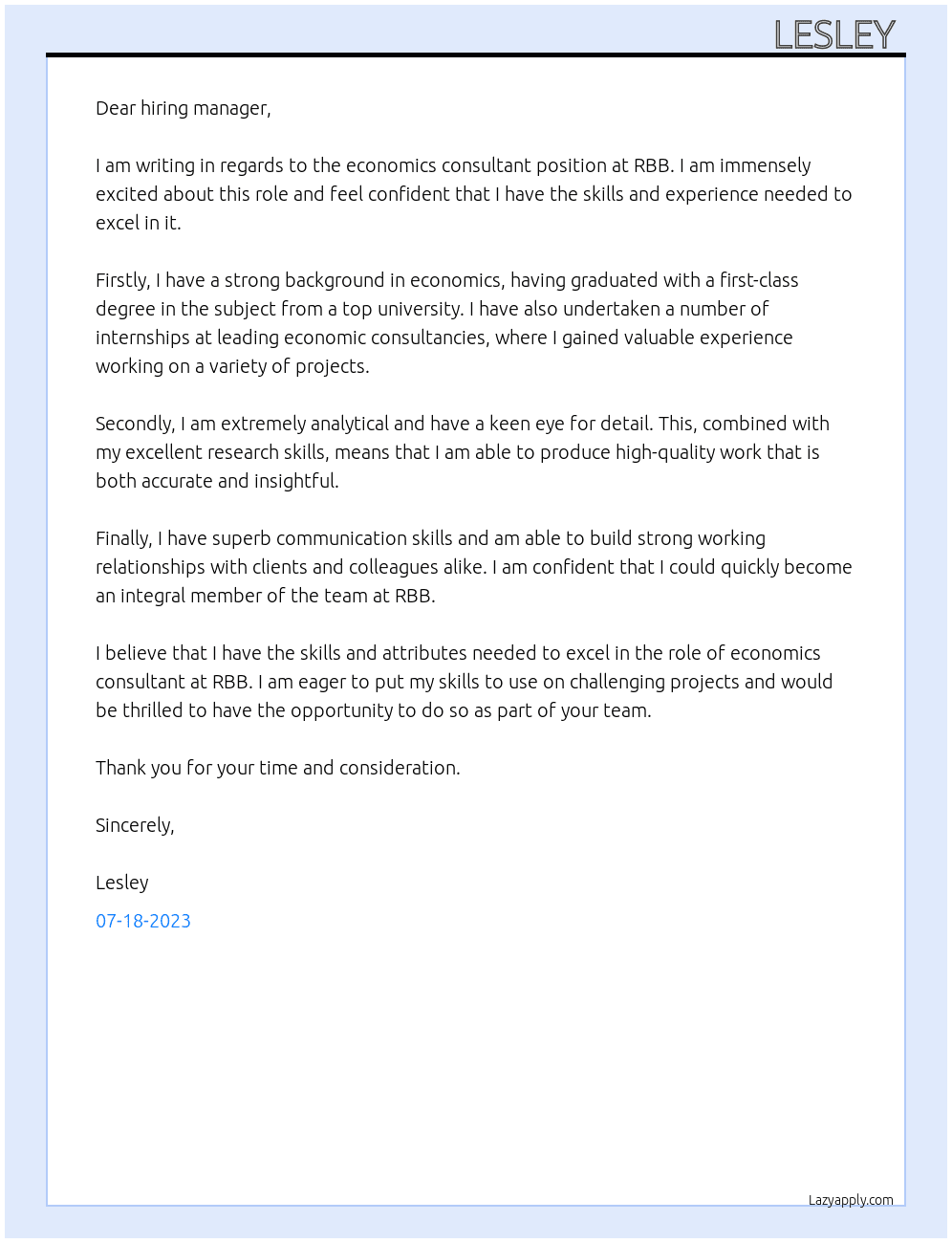 economics consultant  At RBB Cover Letter
