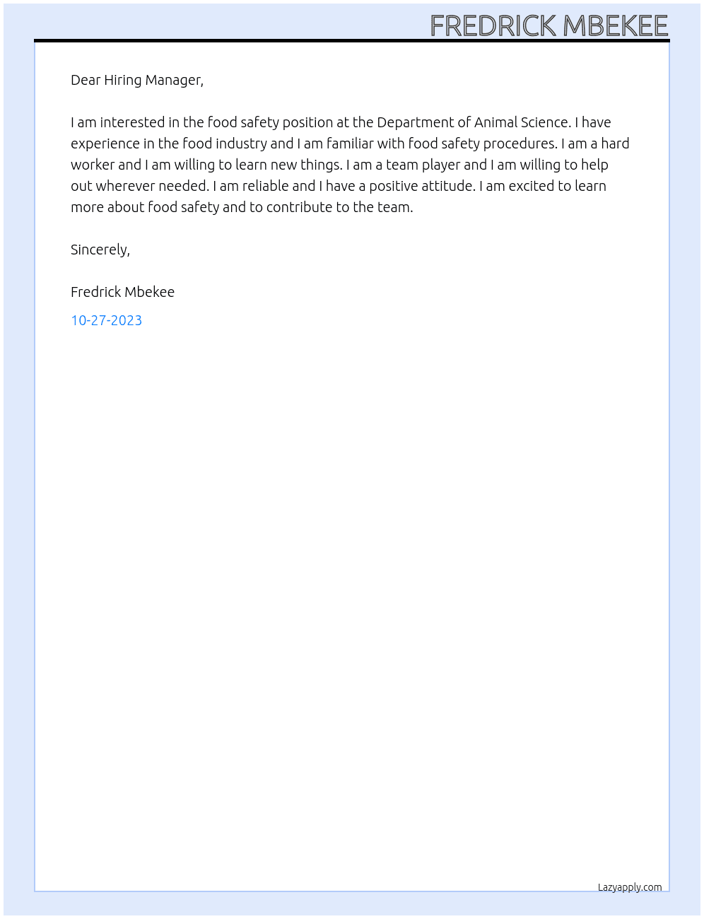 Food safety  At Department of Animal Science  Cover Letter
