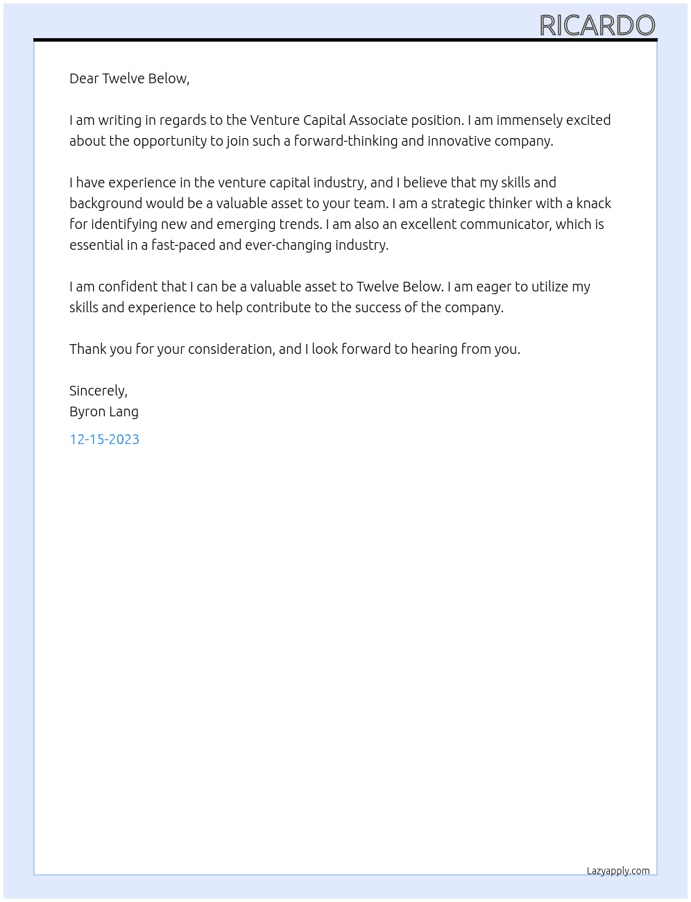 Venture Capital Associate  At Twelve Below  Cover Letter