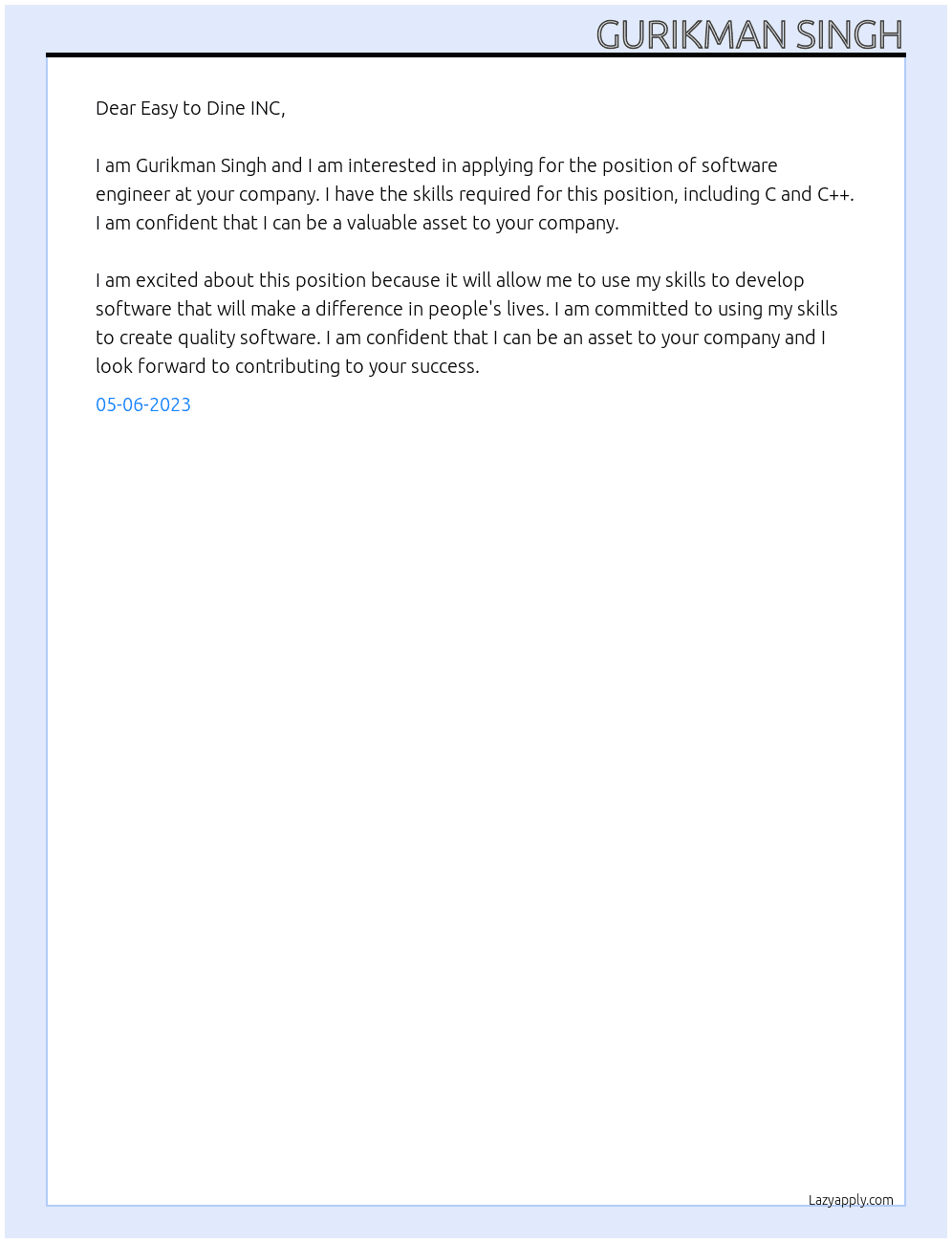 software engineer At Easy to Dine INC Cover Letter