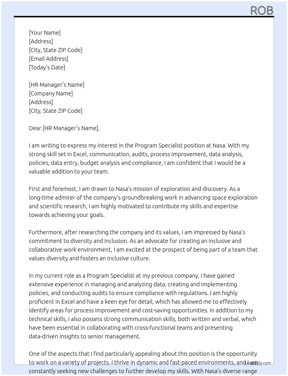 Program specialist  At Nasa Cover Letter