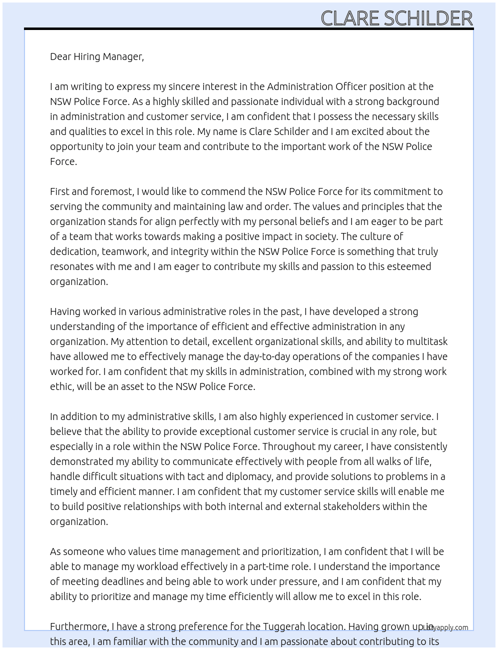 Administration officer  At NSW police force Cover Letter