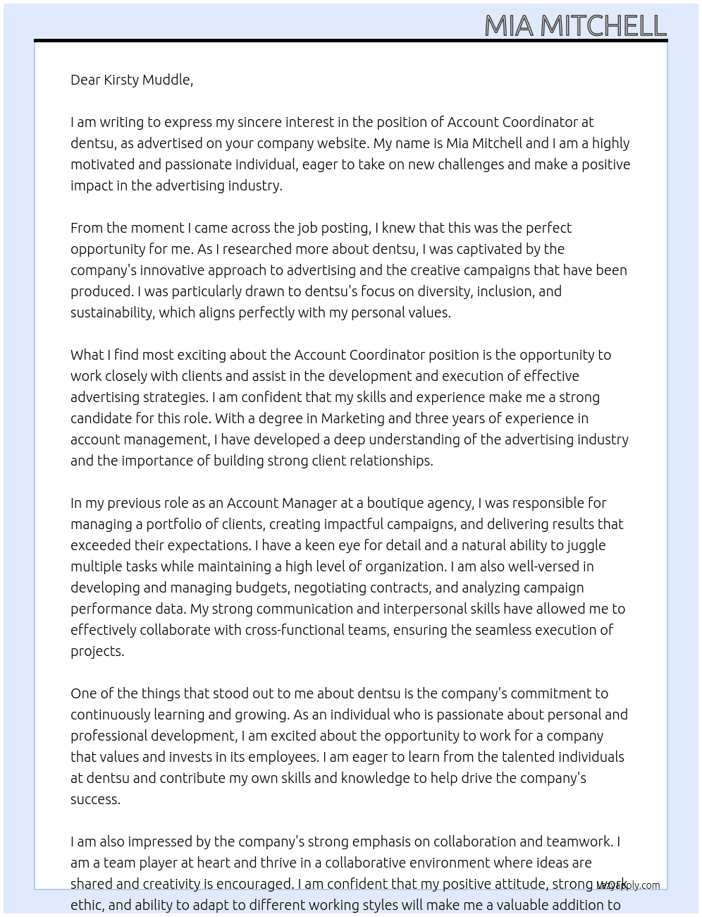 Account Coordinator At dentsu Cover Letter