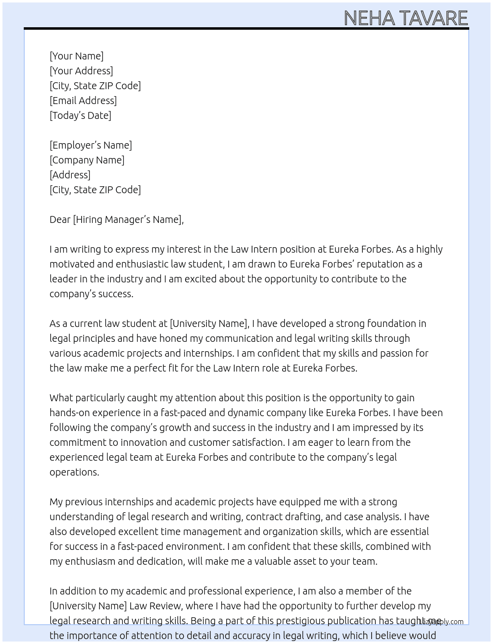 law intern At Eureka Forbes Cover Letter