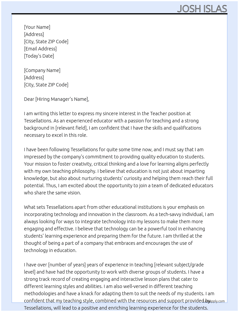 Teacher At Tessellations Cover Letter