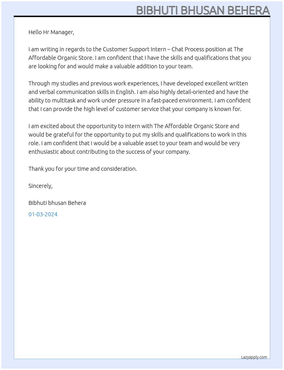 Customer Support Intern – Chat Process At The Affordable Organic Store Cover Letter