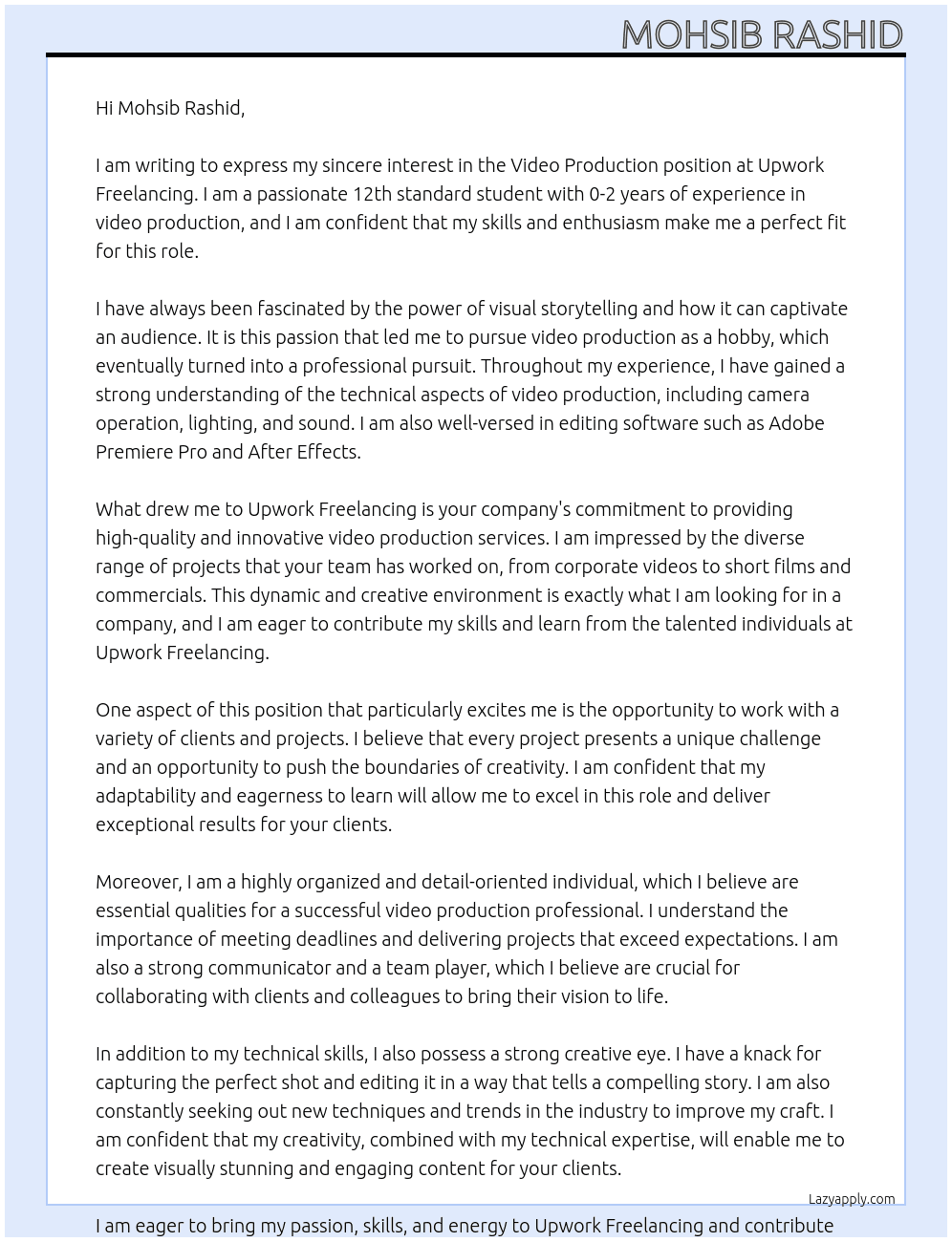 Video production  At Upwork freelancing Cover Letter