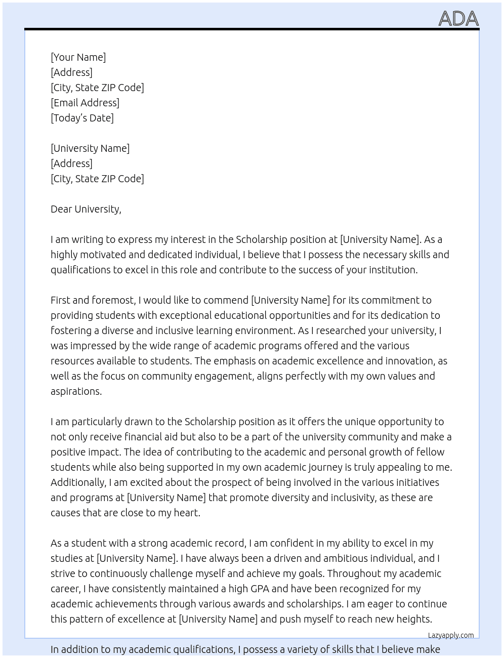 Scholarship At University Cover Letter