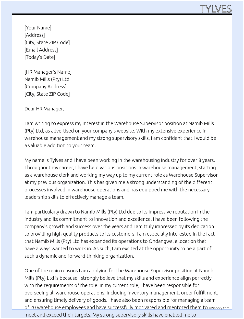 Warehouse supervisor  At Namib Mills (Pty) Ltd Cover Letter