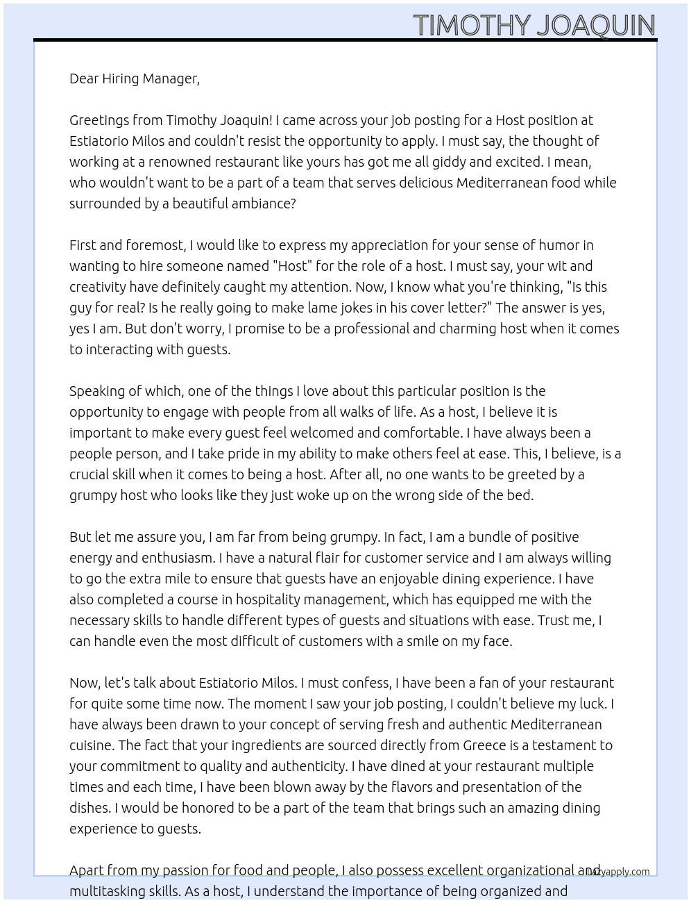 Host At Estiatorio Milos  Cover Letter