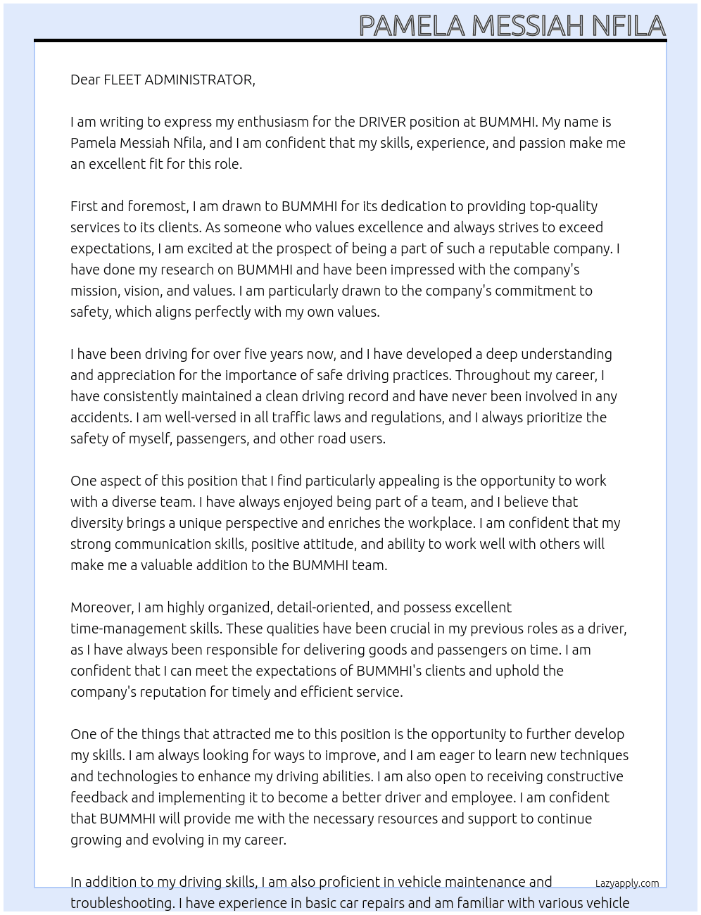 DRIVER  At BUMMHI Cover Letter