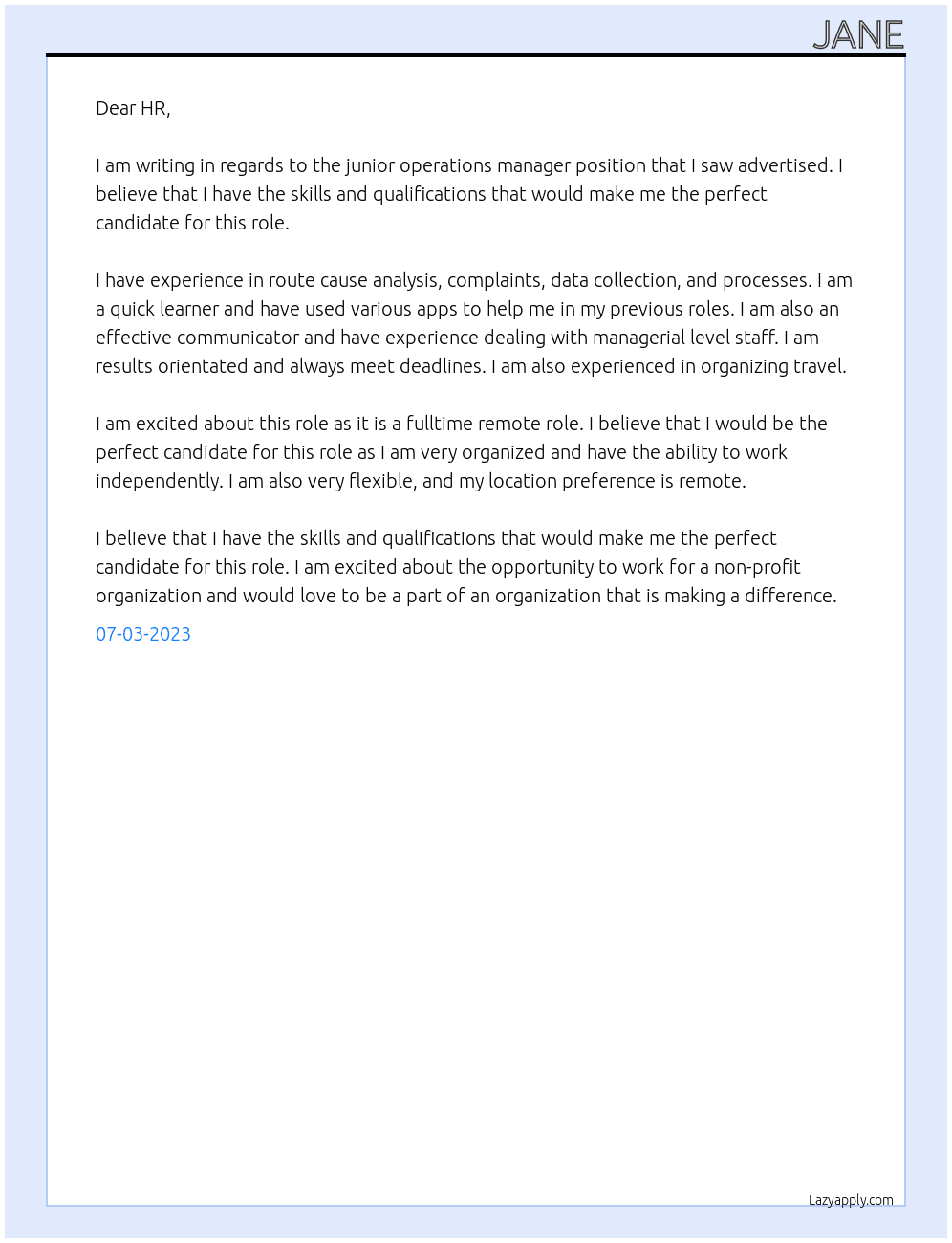 junior operations manager At non profit organisation Cover Letter