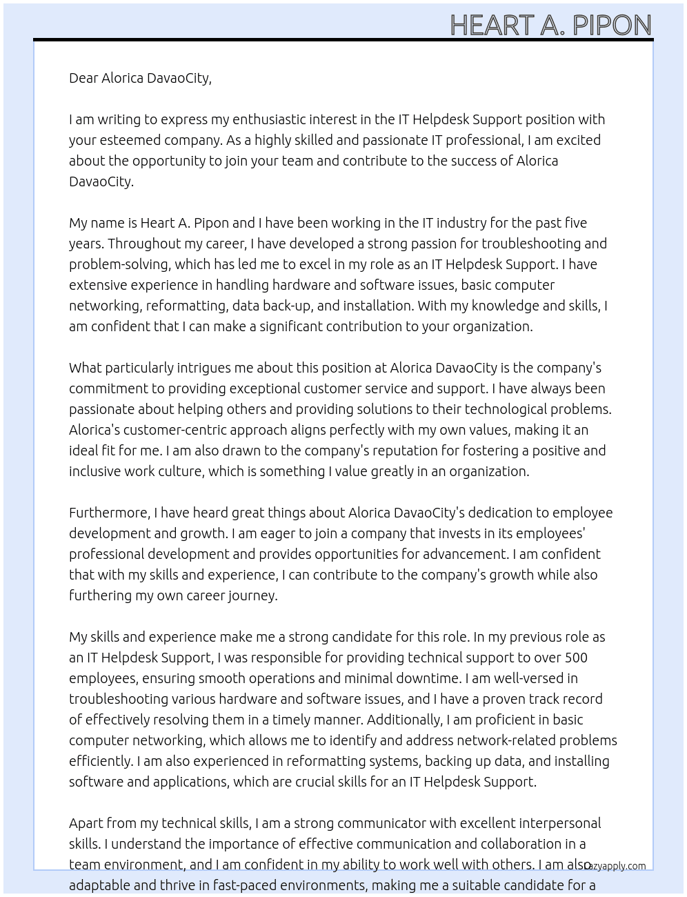 IT Helpdesk Support At Alorica DavaoCity Cover Letter