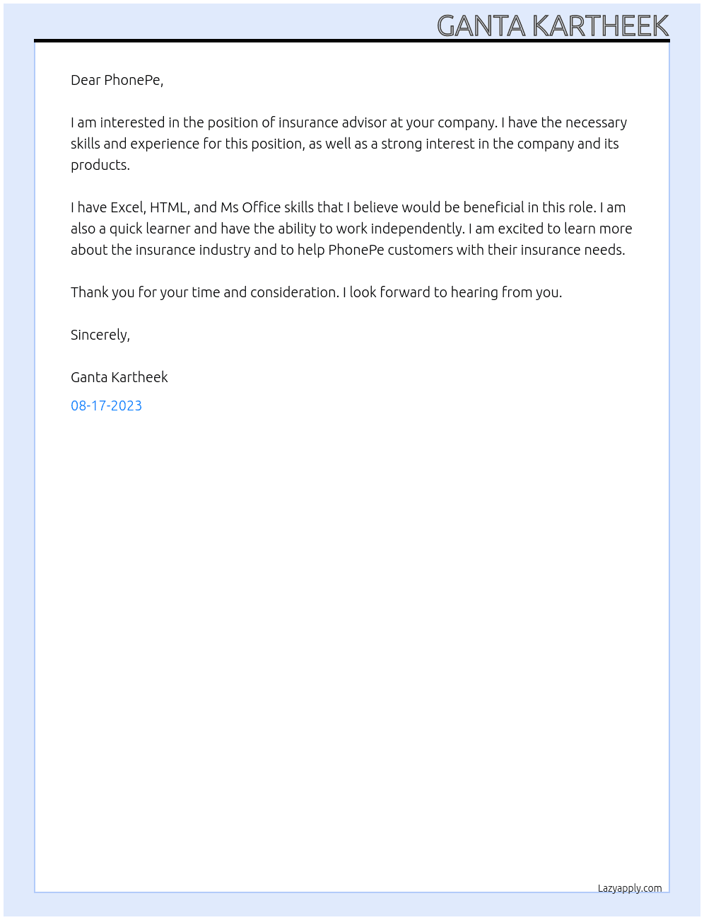 Insurance advisor At PhonePe Cover Letter