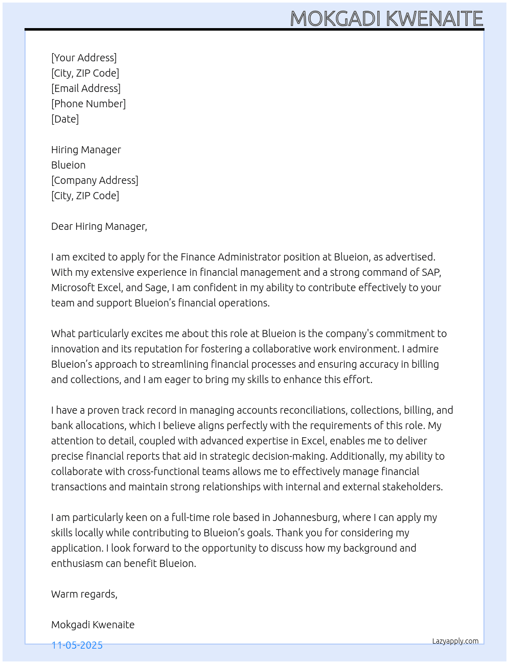 Finance administrator At Blueion Cover Letter