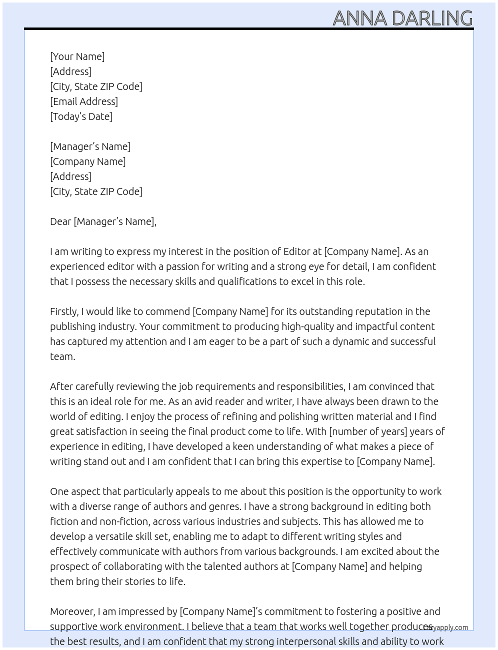 editor At Company Cover Letter