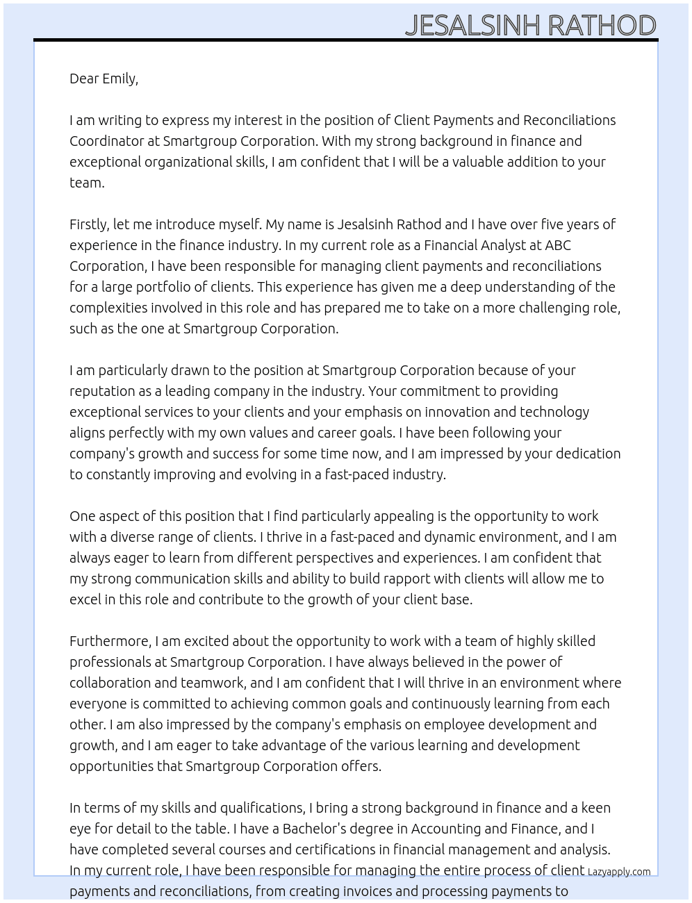 Client Payments And Reconciliations Coordinator At Smartgroup Corporation Cover Letter