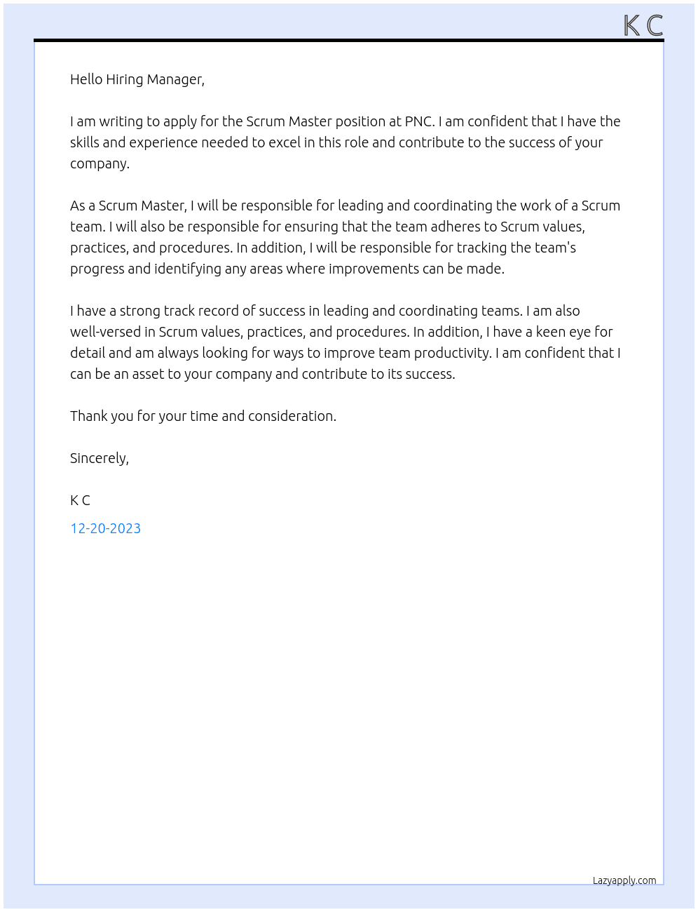 scrum master At PNC Cover Letter