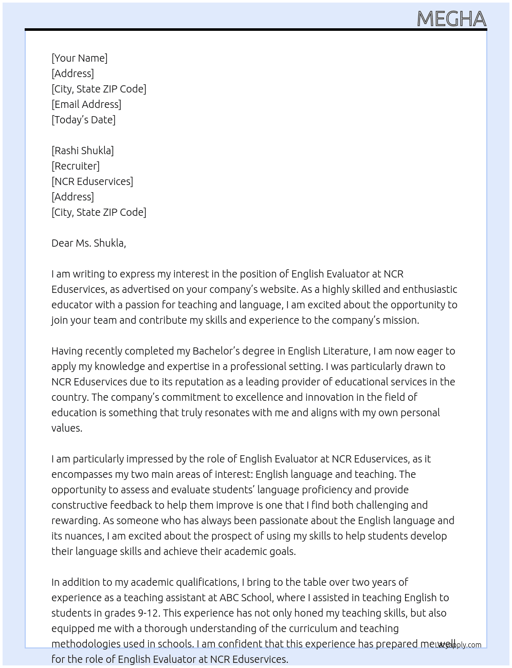 English Evaluatir At NCR Eduservices Cover Letter