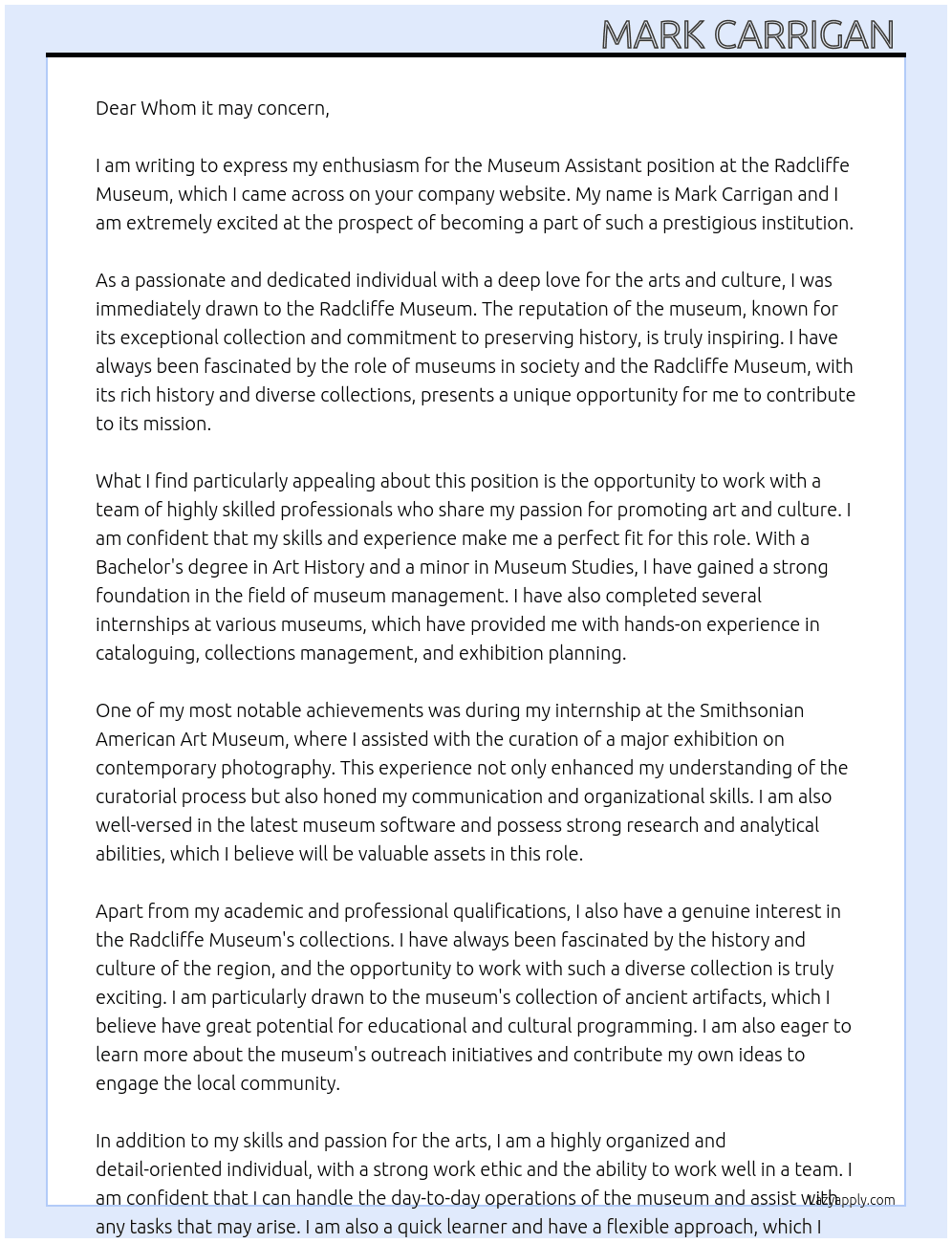Museum assistant  At Radcliffe museum  Cover Letter