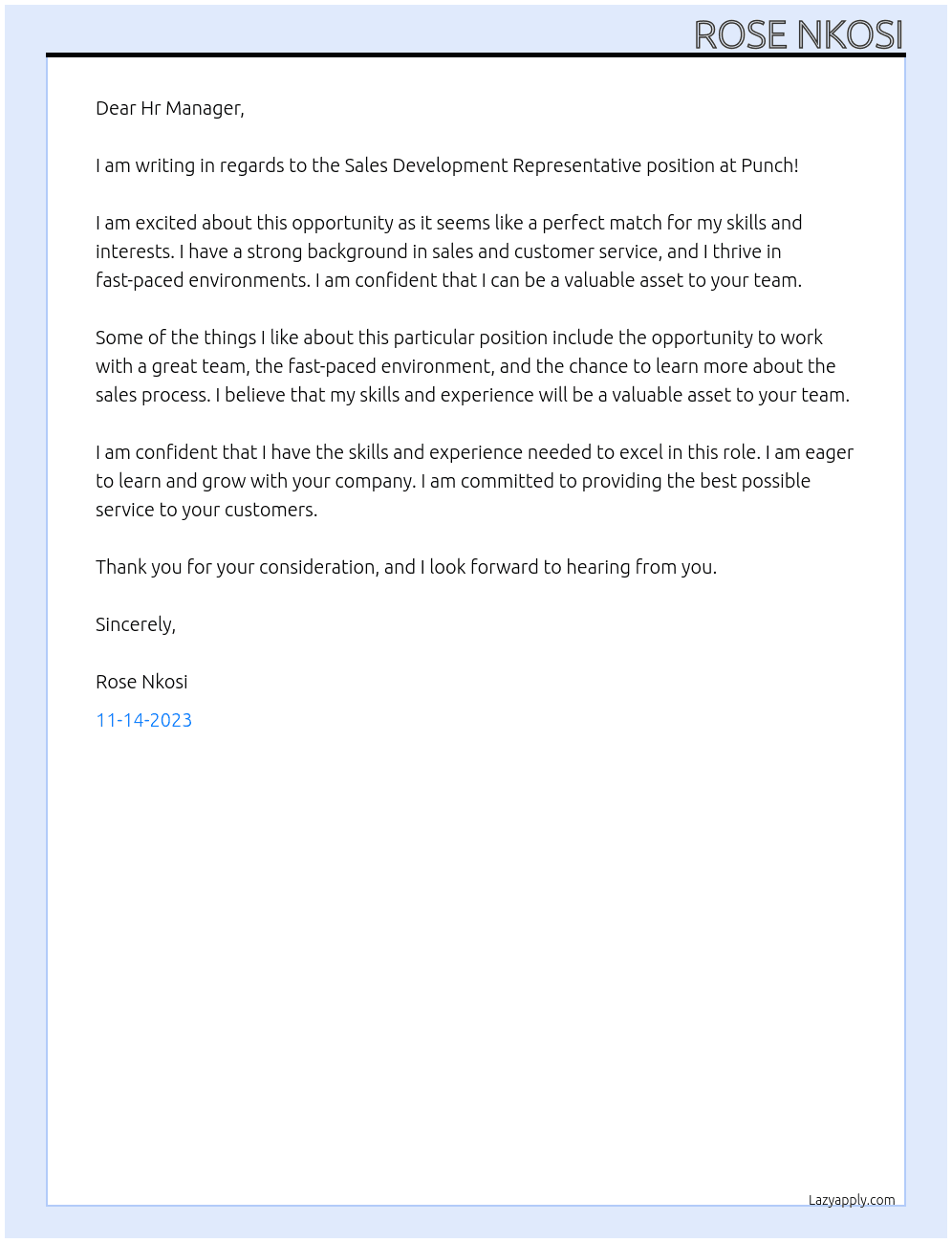 Sales Development Representative At Punch! Cover Letter