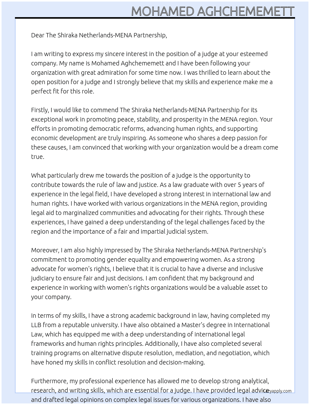 judge At The Shiraka Netherlands-MENA Partnership Cover Letter