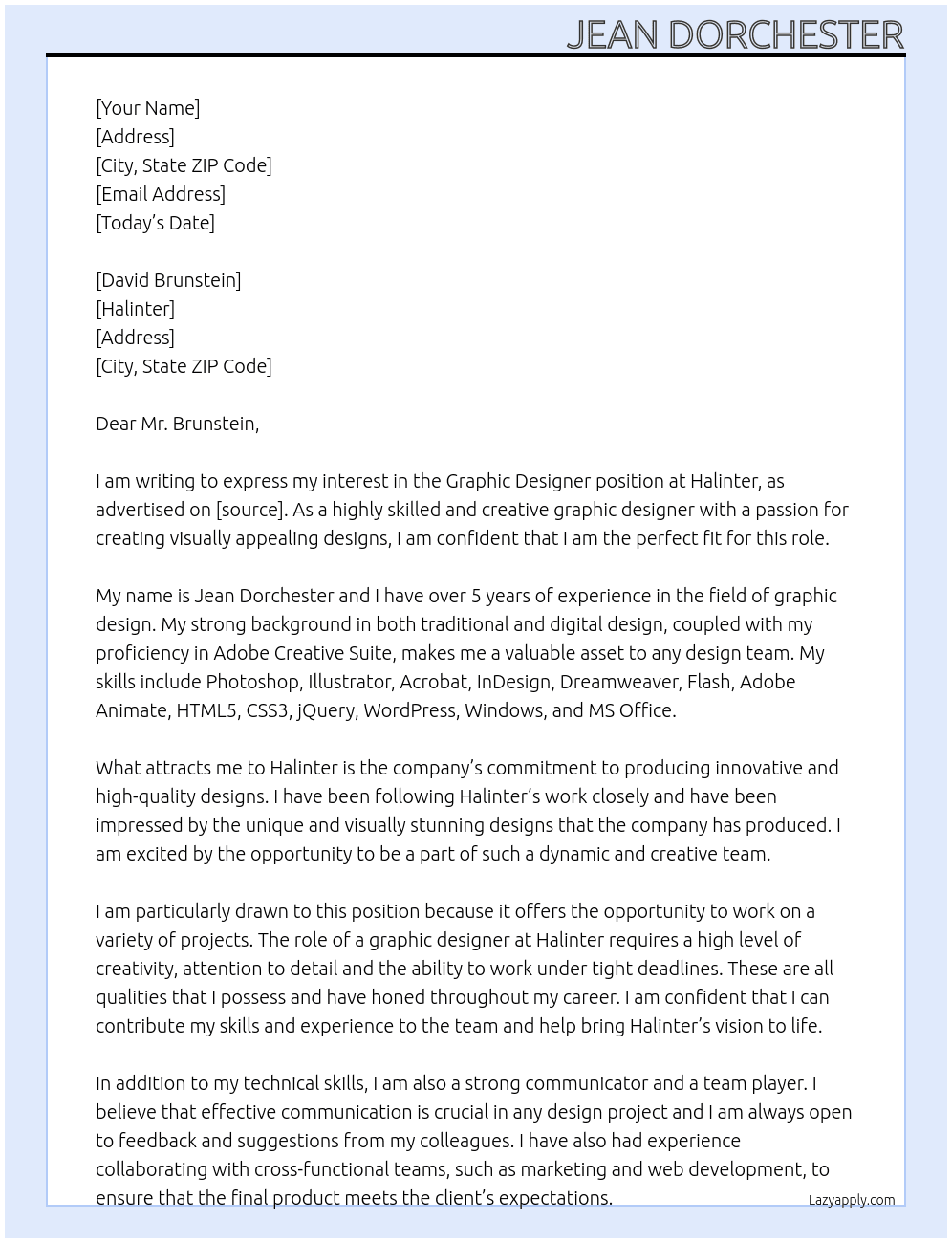 graphic designer At Halinter Cover Letter