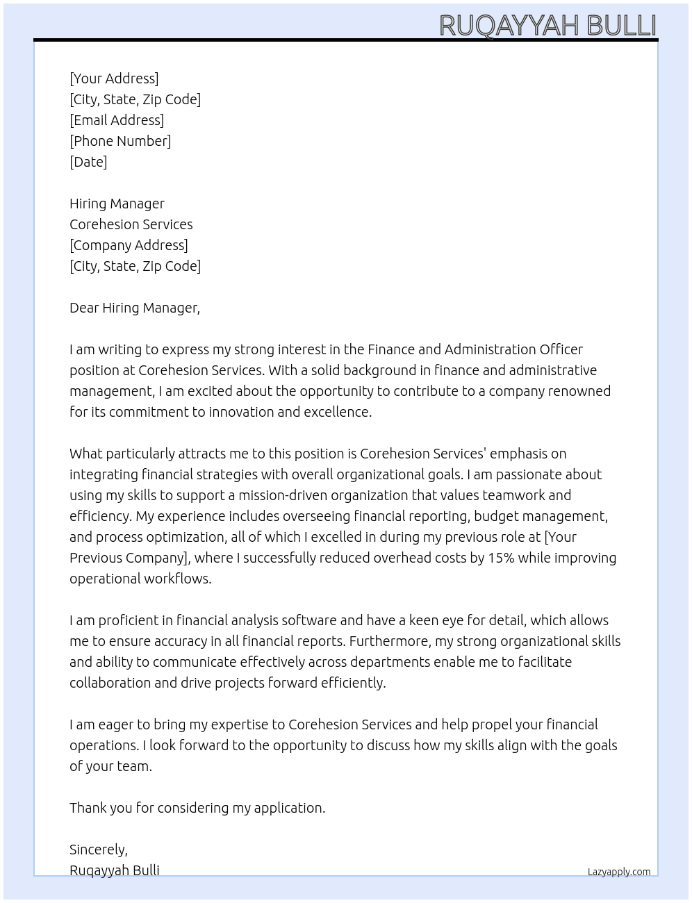 Finance and administration officer At Corehesion Services Cover Letter