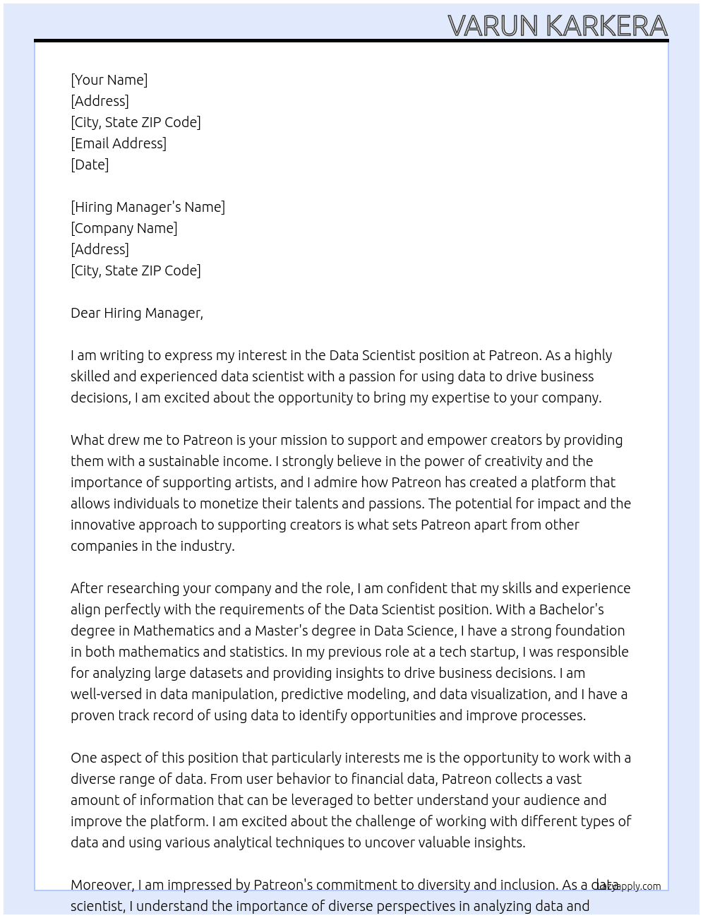 Data Scientist At Patreon Cover Letter