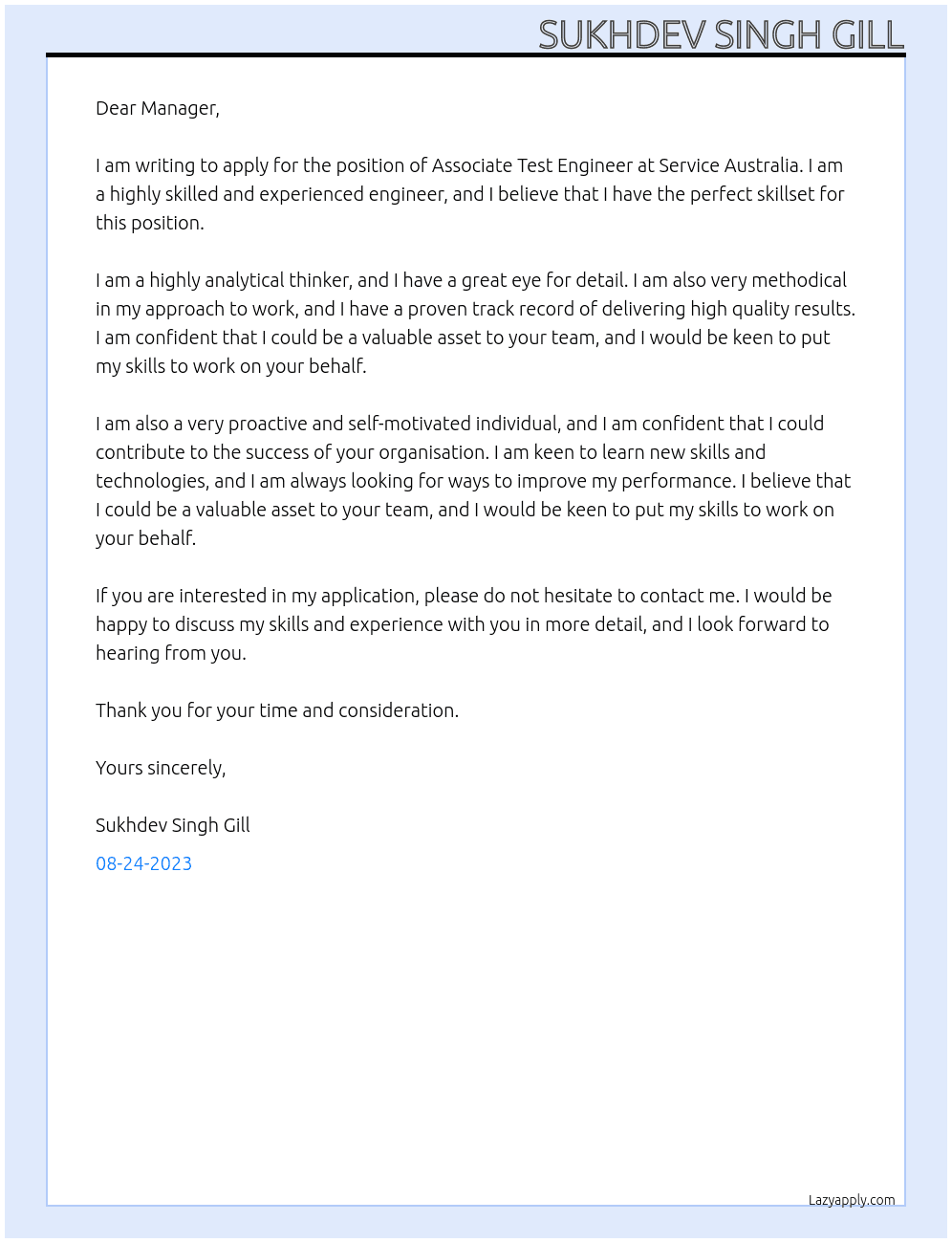 Associate Test Engineer At Service Australia Cover Letter