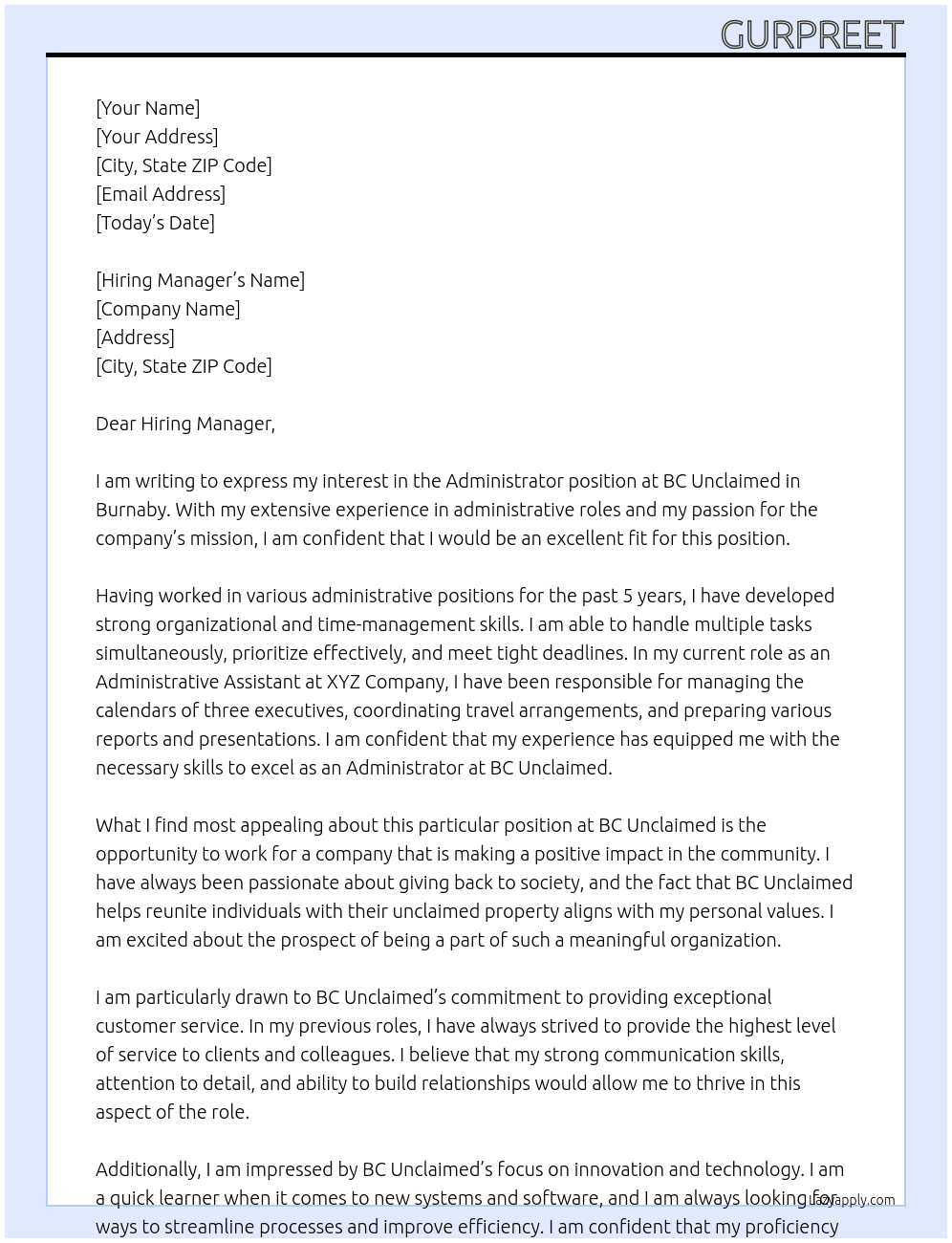 Administrator  At BC Unclaimed  Cover Letter