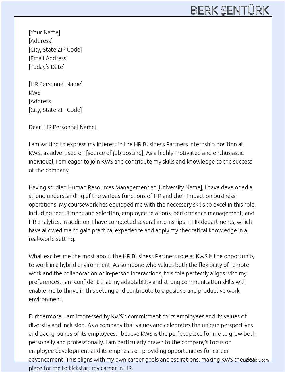 HR Business Partners  At KWS Cover Letter