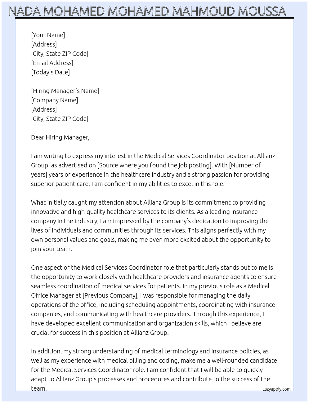 Medical services coordinator  At Allianz group Cover Letter