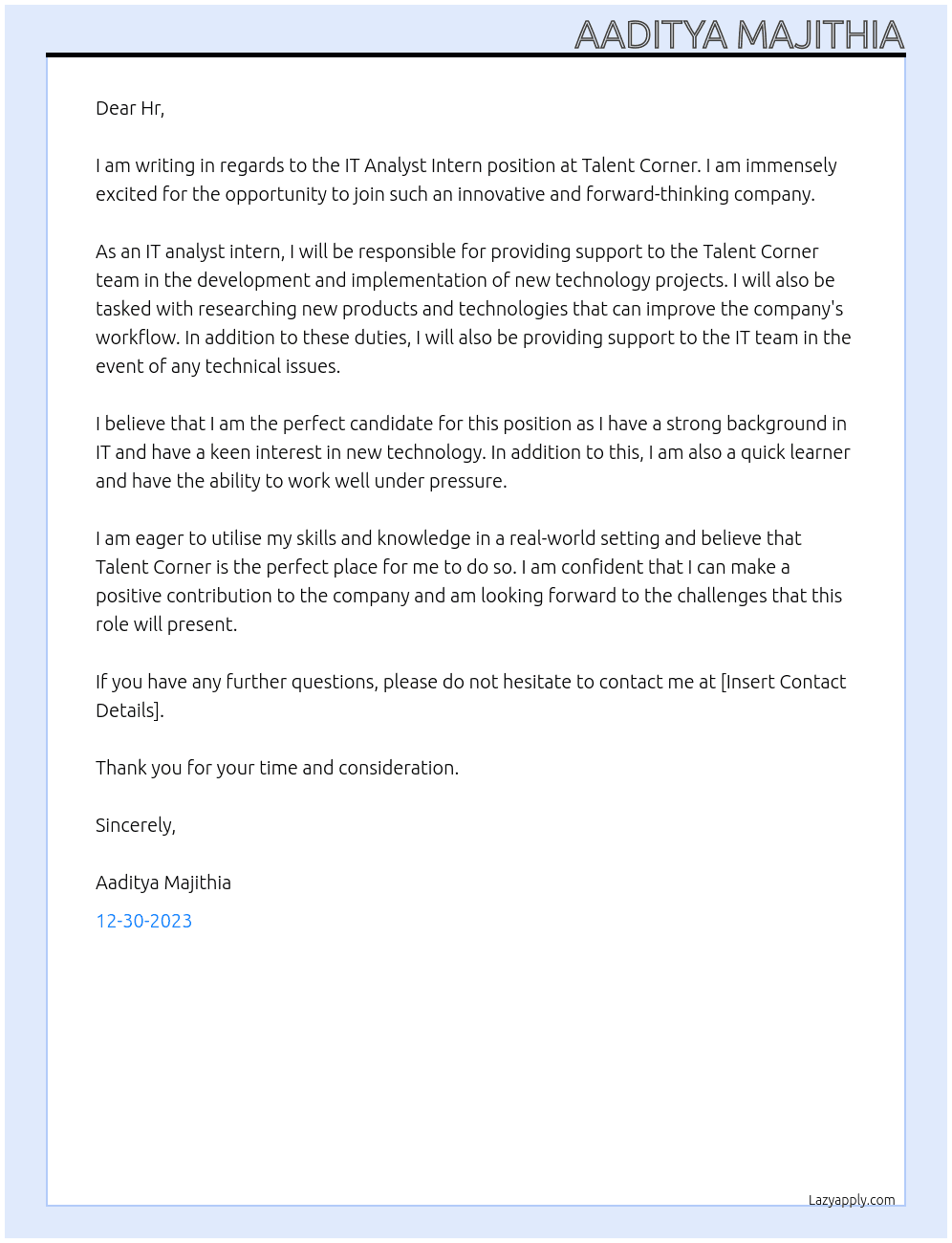IT ANALYST INTERN At Talent Corner  Cover Letter