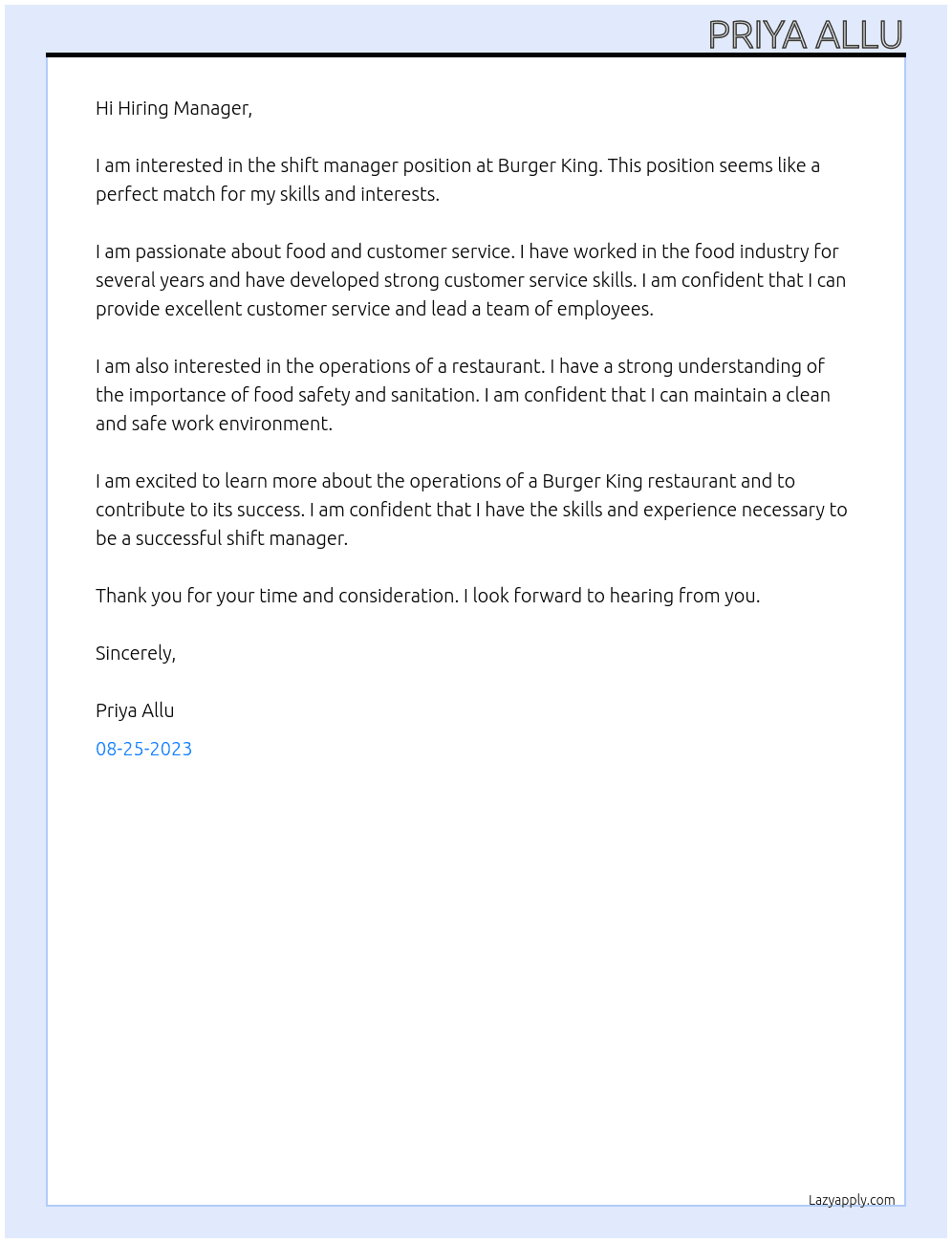 shift manager At Burger King Cover Letter