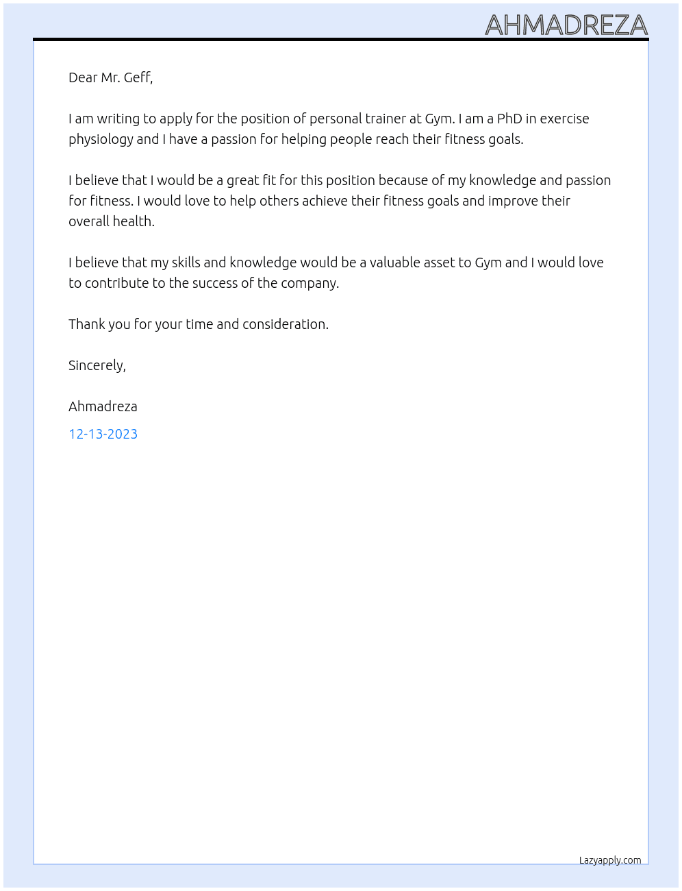 personal trainer At Gym Cover Letter