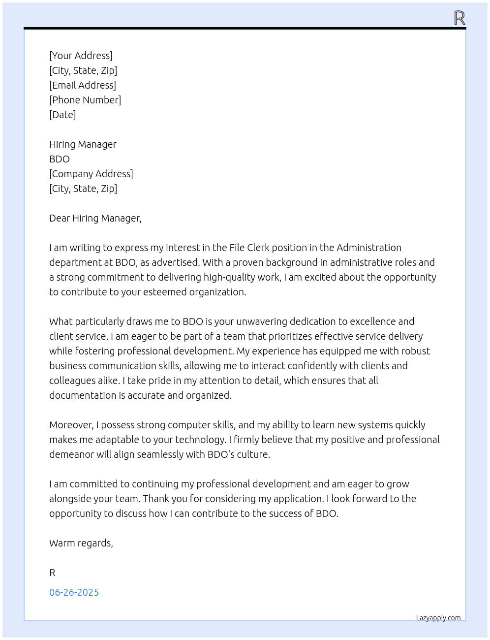 File Clerk, Administration At BDO Cover Letter