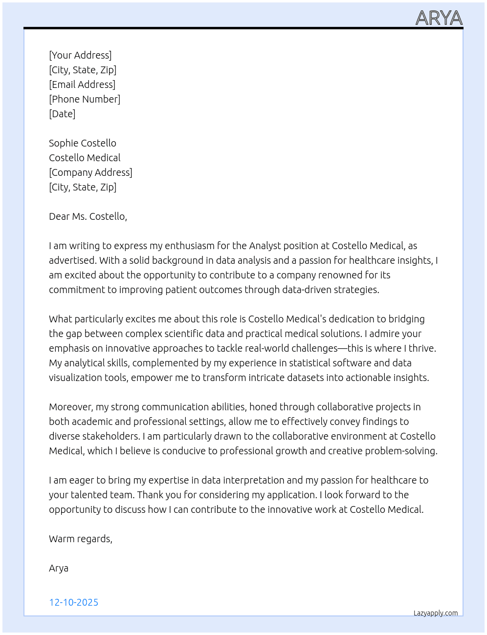ANALYST At COSTELLO MEDICAL Cover Letter