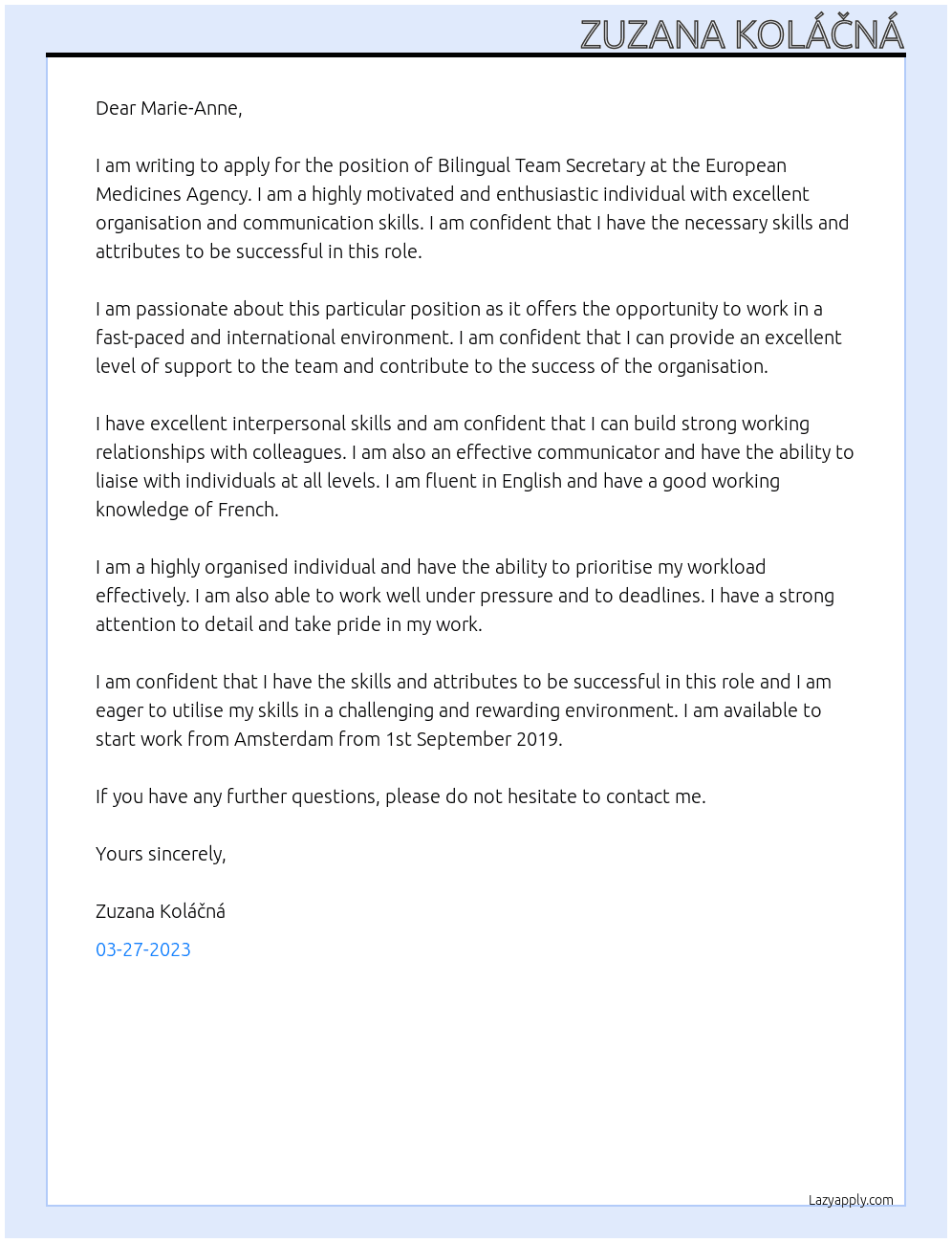 Bilingual Team Secretary At European Medicines Agency Cover Letter