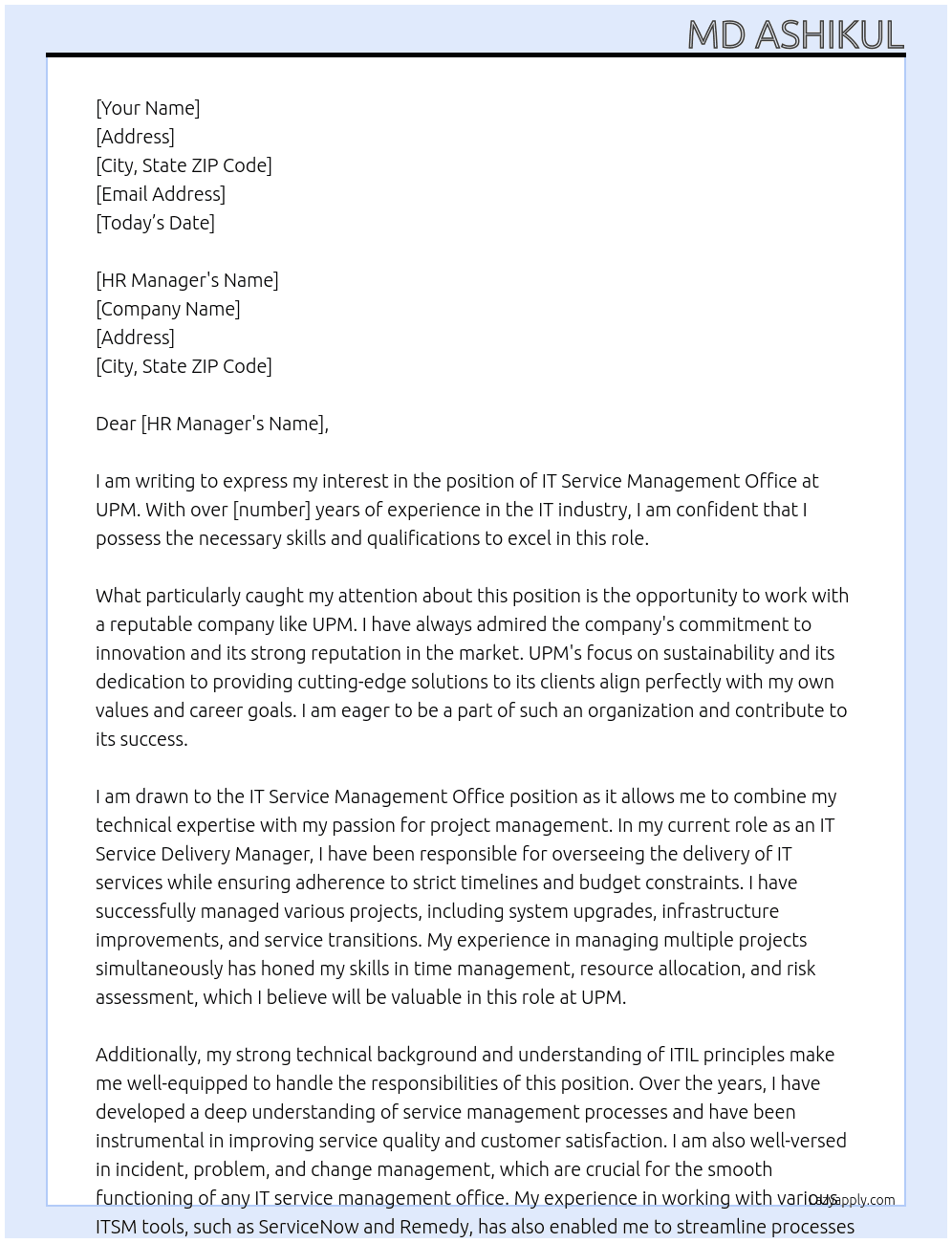 IT Service Management Office At UPM Cover Letter