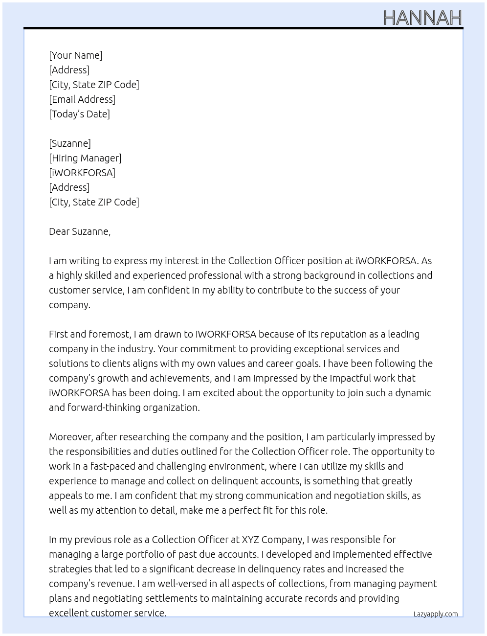 Collection officer  At iWORKFORSA Cover Letter