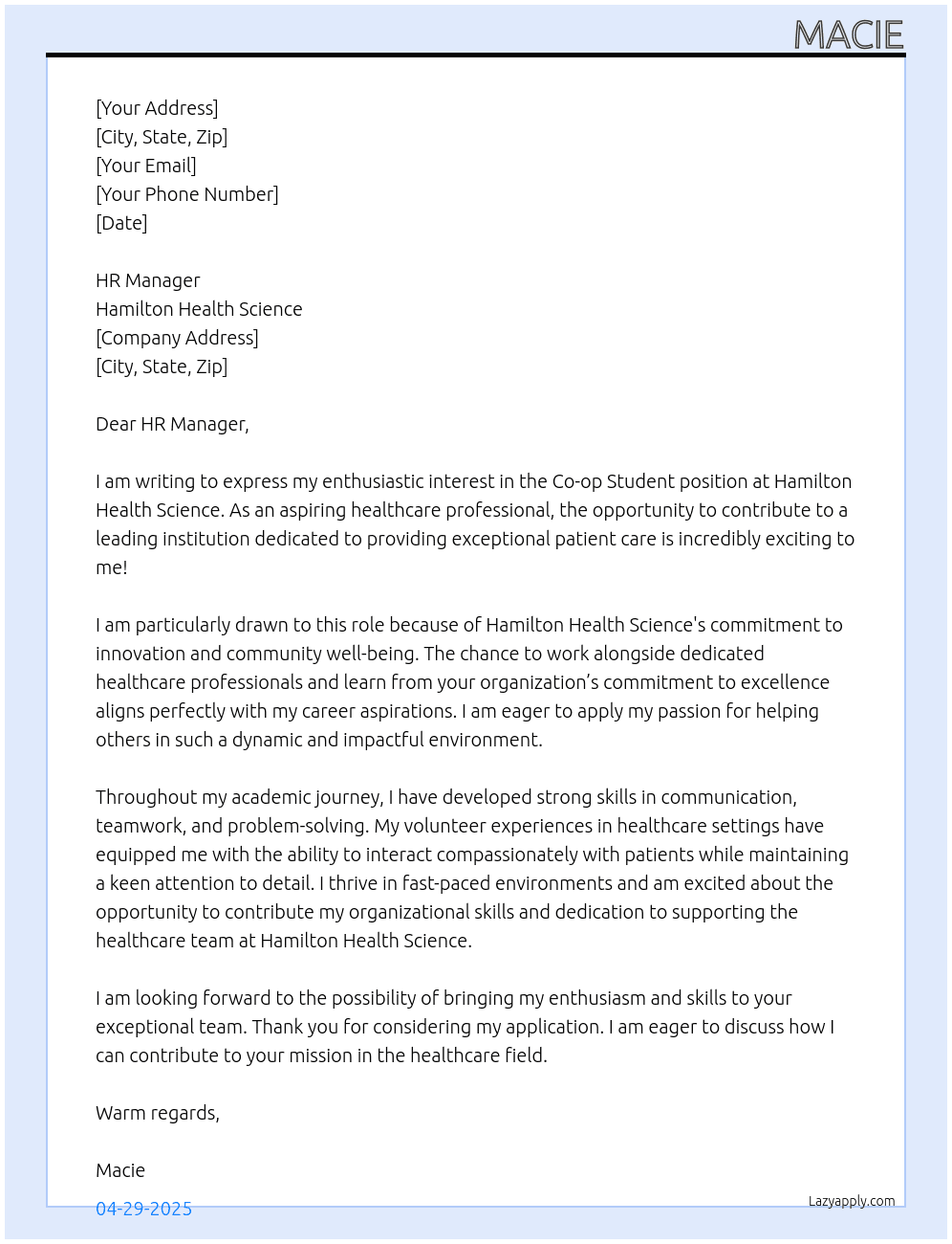 Co-op student  At Hamilton Health Science Cover Letter