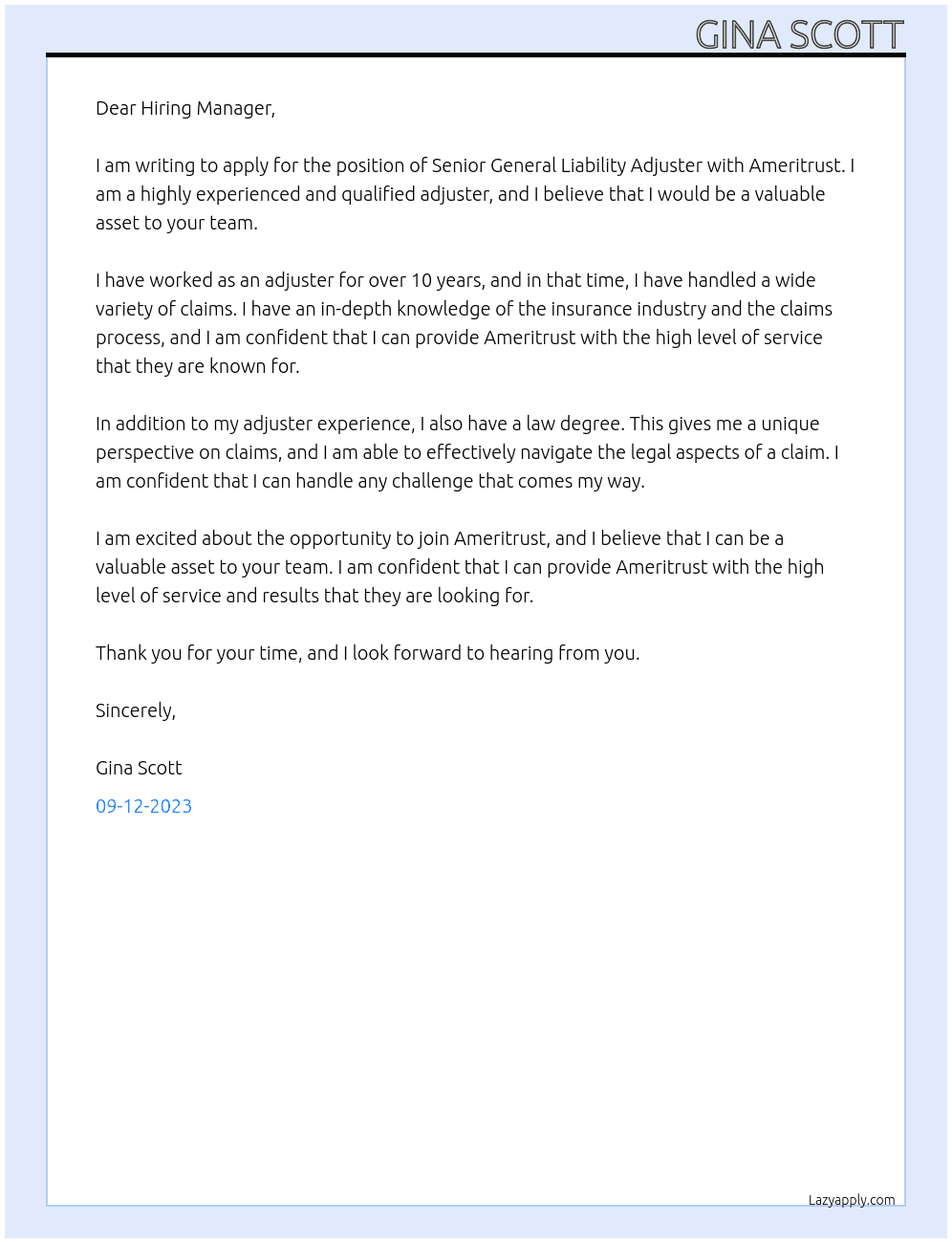 Senior General Liability Adjuster At Ameritrust  Cover Letter