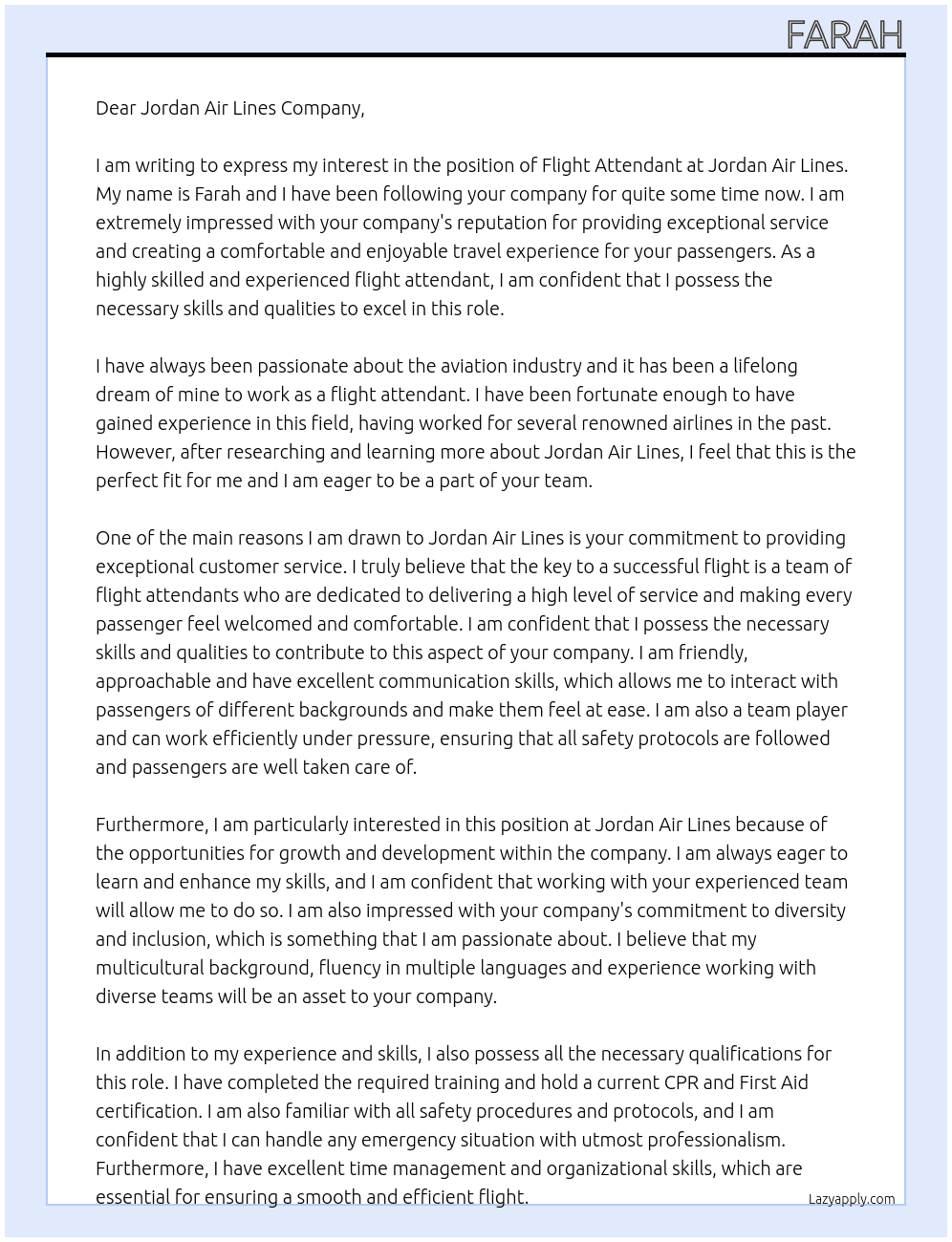 Flight attendant  At Jordan air lines  Cover Letter